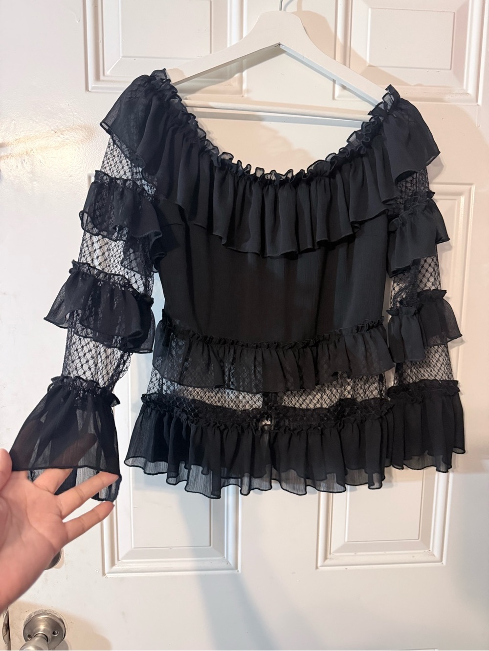 Lulumari Black Ruffle Off-Shoulder Mesh Sleeve Blouse - Picture 5 of 8